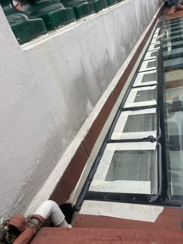 Exterior view of glass panels from upper floor landing