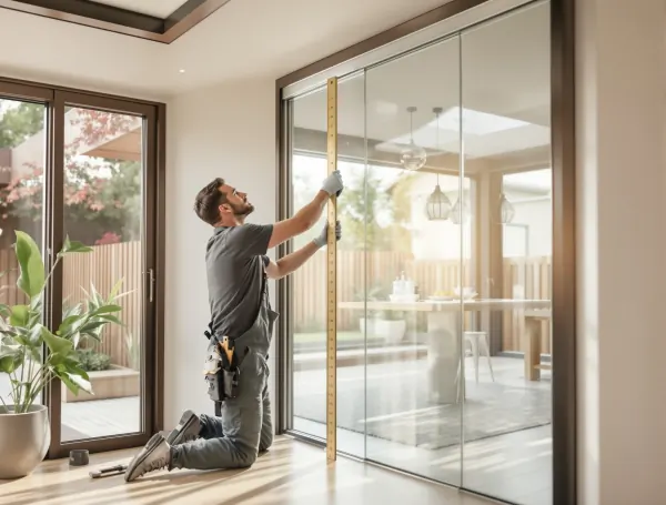 Professional glass installer measuring a glass panel during a residential installation in Singapore
