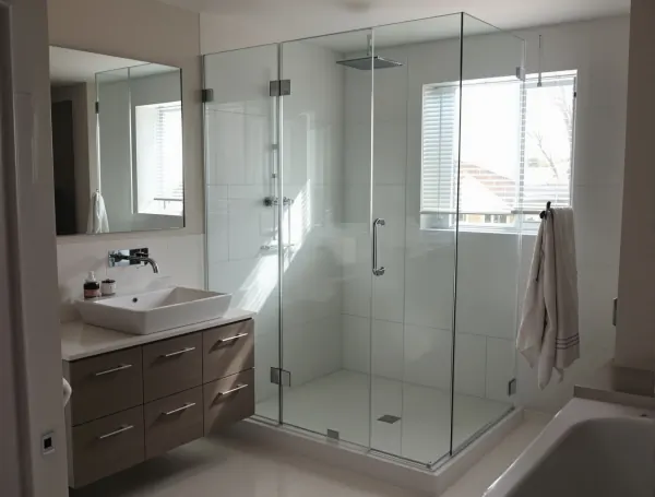 Frameless glass shower enclosure installed in a luxury bathroom with white tiles