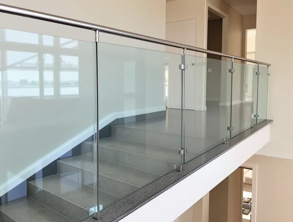 Tempered glass balustrade with stainless steel clamps installed on a modern staircase
