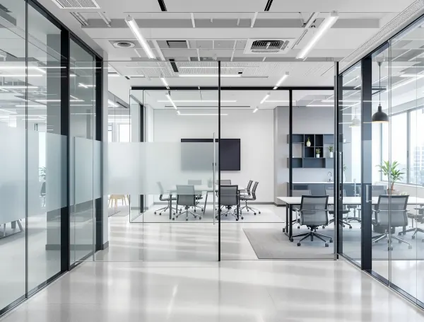 Frosted glass partition wall installed in a professional office workspace