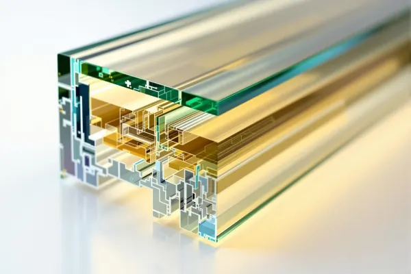 Technical cross-section diagram of laminated glass showing interlayer layers for engineering calculations