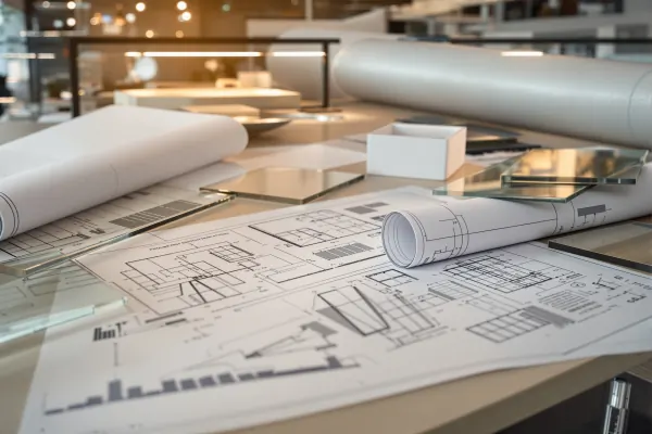 Architectural engineering workspace with glass samples, blueprints, and technical specifications